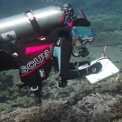 Scientific diver takes notes on a white board while floating above a coral reef.